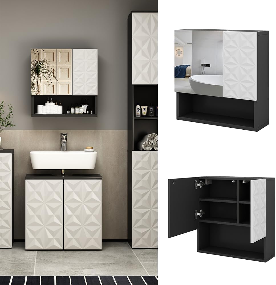 Vicco Bad Spiegelschrank Edge, Schwarz/Weiss, 54 x 55 cm mit Tür und offenen Fächern Schwarz Spiegel