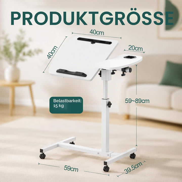 Soontrans Beistelltisch mit Rollen, Betttisch Klappbar 60×40cm, Laptoptisch Höhenverstellbar, Neigun