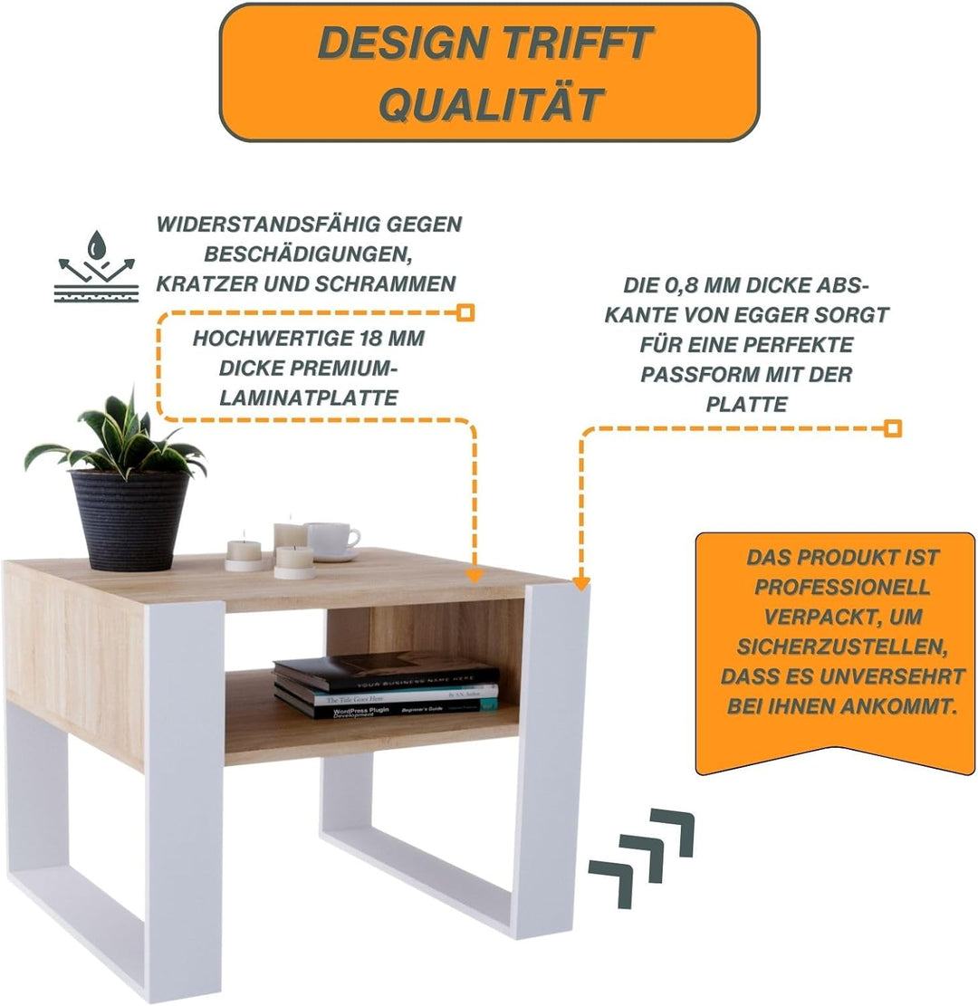 CraftPAK Wohnzimmer Tisch für Couch aus hochwertigem Holz, Stabiler & moderner Couchtisch mit zusätz
