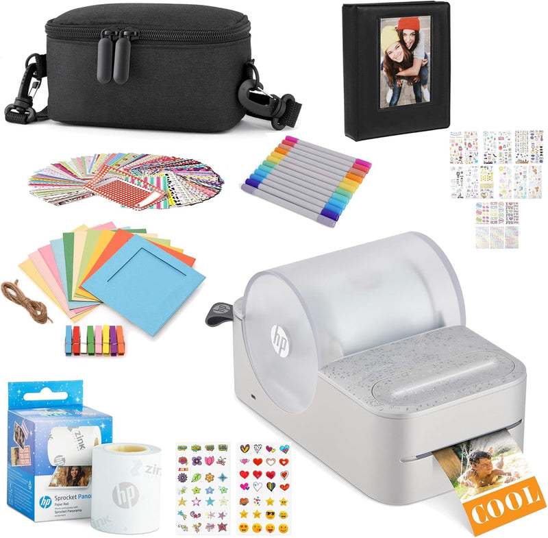 HP Sprocket Panorama Tragbarer Sofort-Farbetiketten- und Fotodrucker (Grau), Geschenkpaket mit Etui,