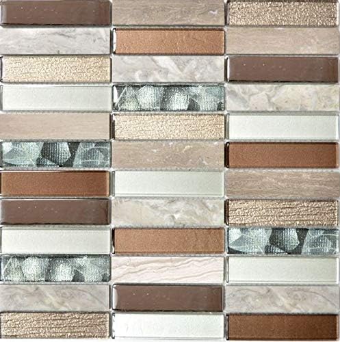 Mosaik Fliese hellbraun silber grau Riemchen Glasmosaik Crystal Stein für WAND BAD DUSCHE KÜCHE FLIE