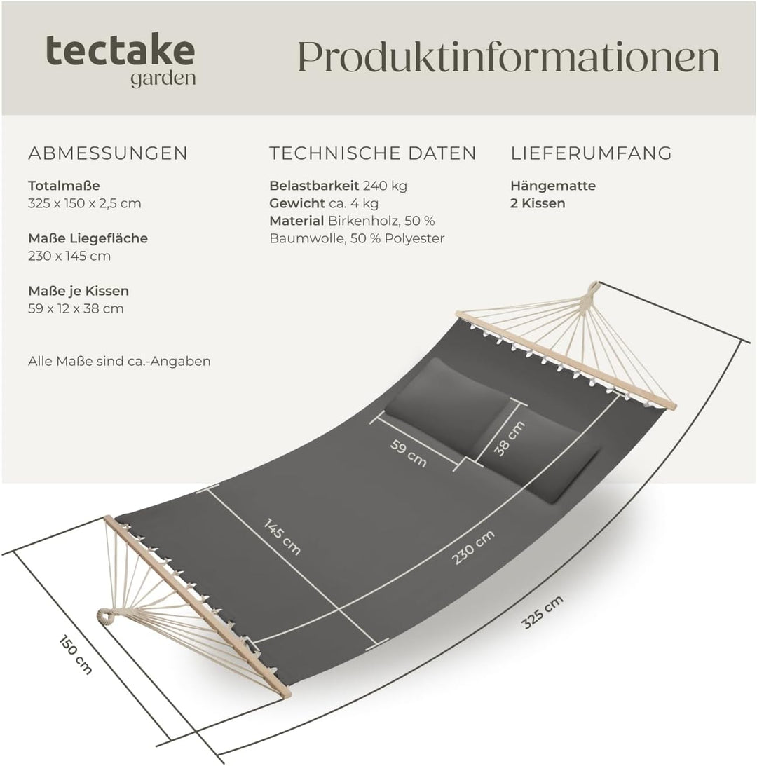 tectake® Doppel Hängematte Outdoor, XXL Stoff Schaukeltuch, Sonnenliege 2 Personen inkl. Kissen, Sch