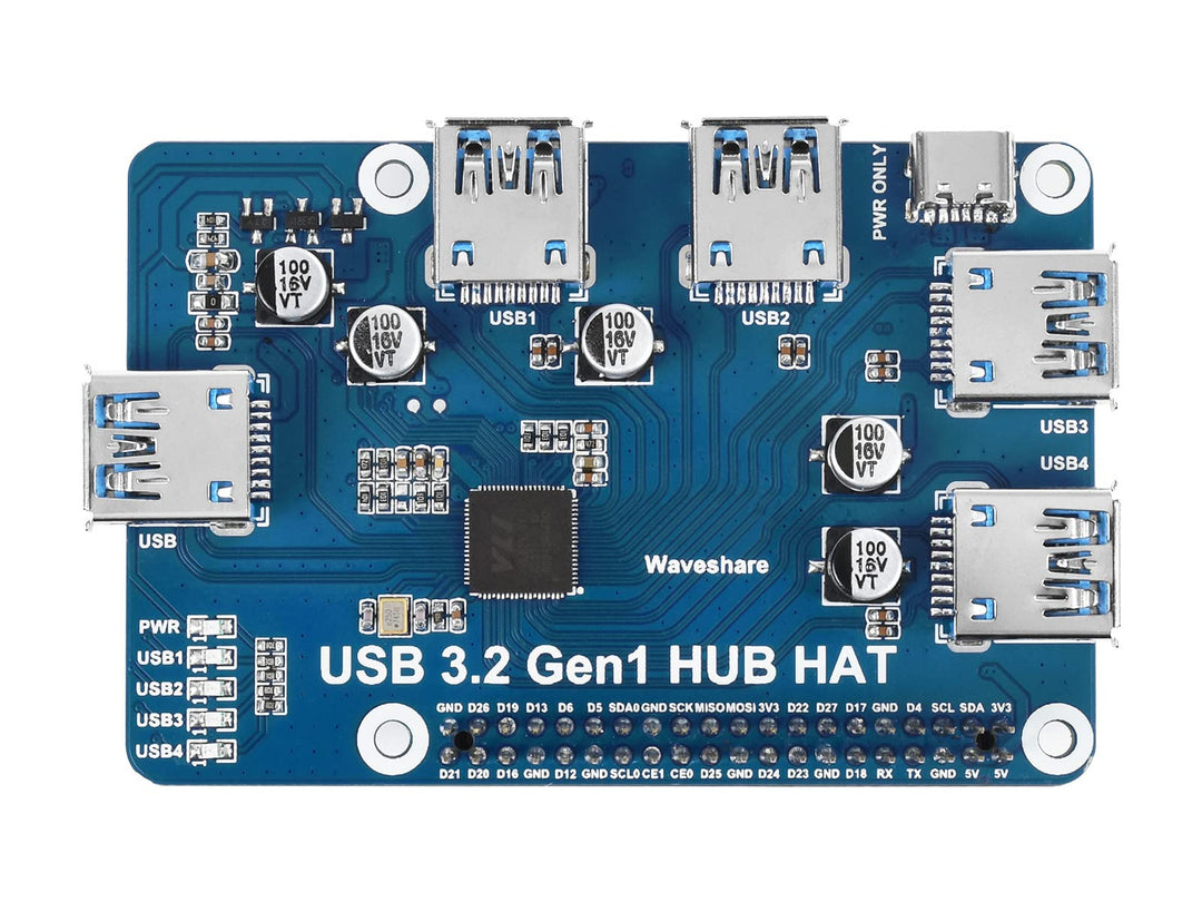 Waveshare USB 3.2 Gen1 HUB HAT for Raspberry Pi 4 with 4X USB 3.2 Gen1 Ports Up to 5 Gbps Data Rate