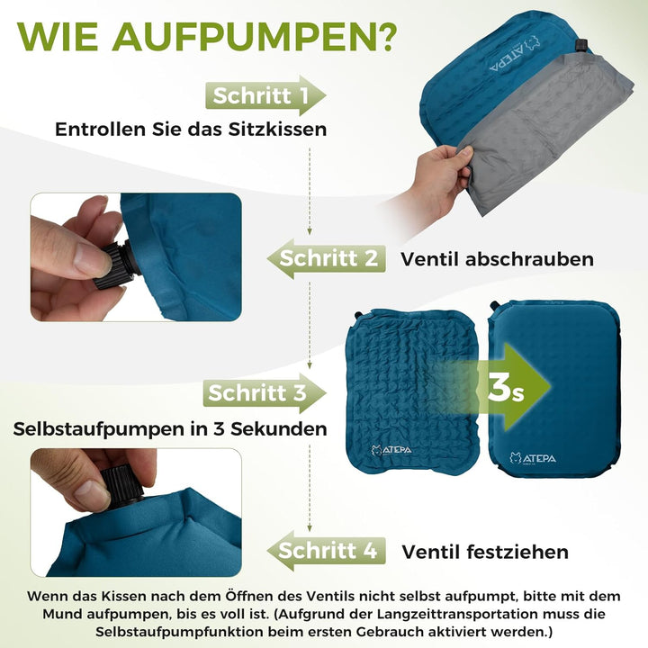 ATEPA Sitzkissen Outdoor, Faltbar Aufblasbar Stadion Flugzeug Unterwegs Camping Wander Bürostuhl Ult