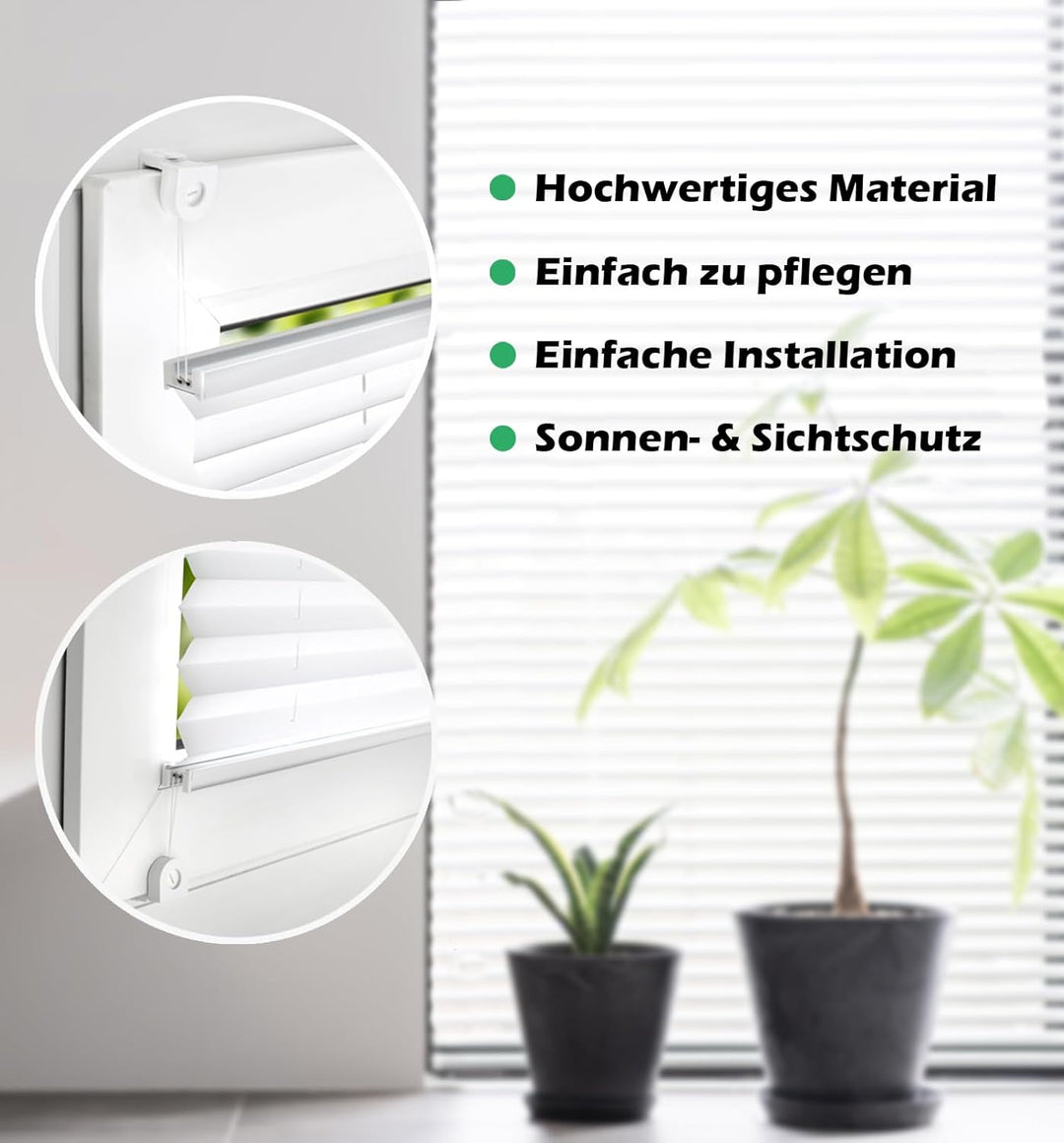 Domdeco Plissee 65x100cm Weiss mit weiss lackierten Alu-Profilen, KlemmFix-Halterung zur Montage ohn