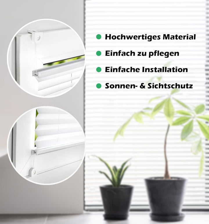 Domdeco Plissee 65x100cm Weiss mit weiss lackierten Alu-Profilen, KlemmFix-Halterung zur Montage ohn