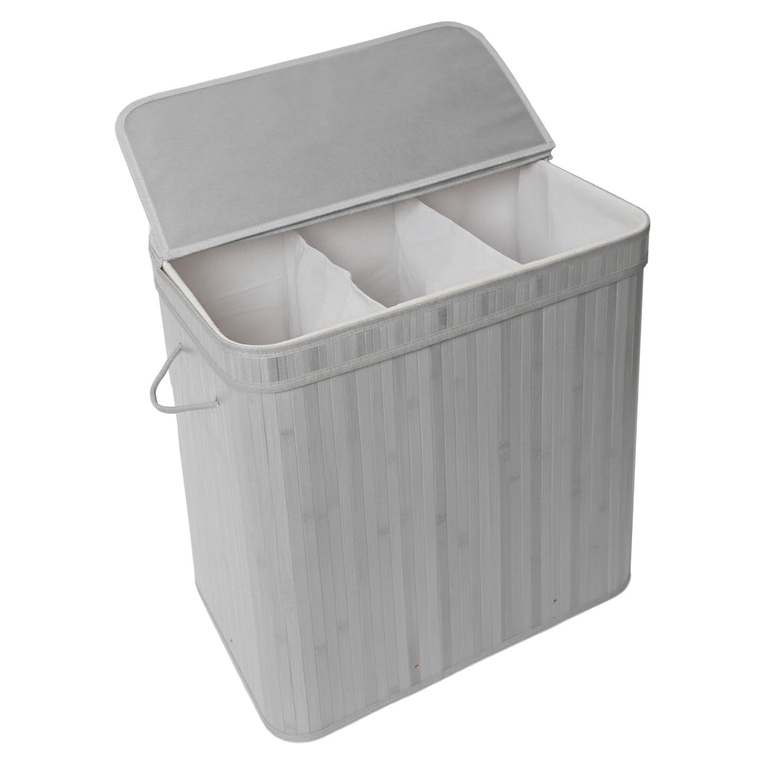 Relaxdays Wäschekorb mit Deckel, Bambus, 150 l, 3 Fächer, HxBxT: 61,5 x 61 x 41,5 cm, Badezimmer Wäs
