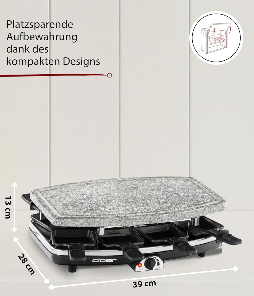 Cloer 6430 Raclette-Grill mit Naturstein, (1200 Watt, 8 Pfännchen antihaftbeschichtet mit wärmeisoli