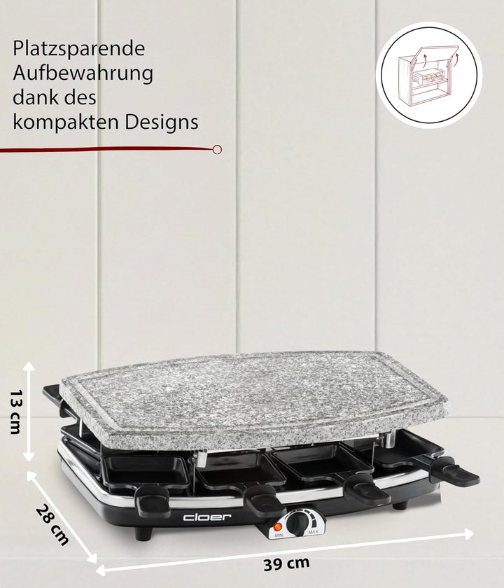 Cloer 6430 Raclette-Grill mit Naturstein, (1200 Watt, 8 Pfännchen antihaftbeschichtet mit wärmeisoli