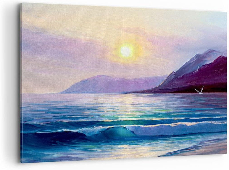 Bilder auf Leinwand 100x70cm Leinwandbild mit Rahmen Berge Meer Welle Gross Wanddeko Bild Schlafzimm