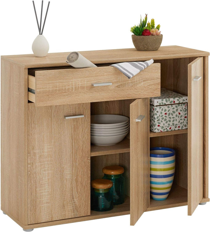 CARO-Möbel Sideboard Estelle Mehrzweckschrank, Sonoma Eiche mit 3 Türen und 1 Schublade, 88 cm breit
