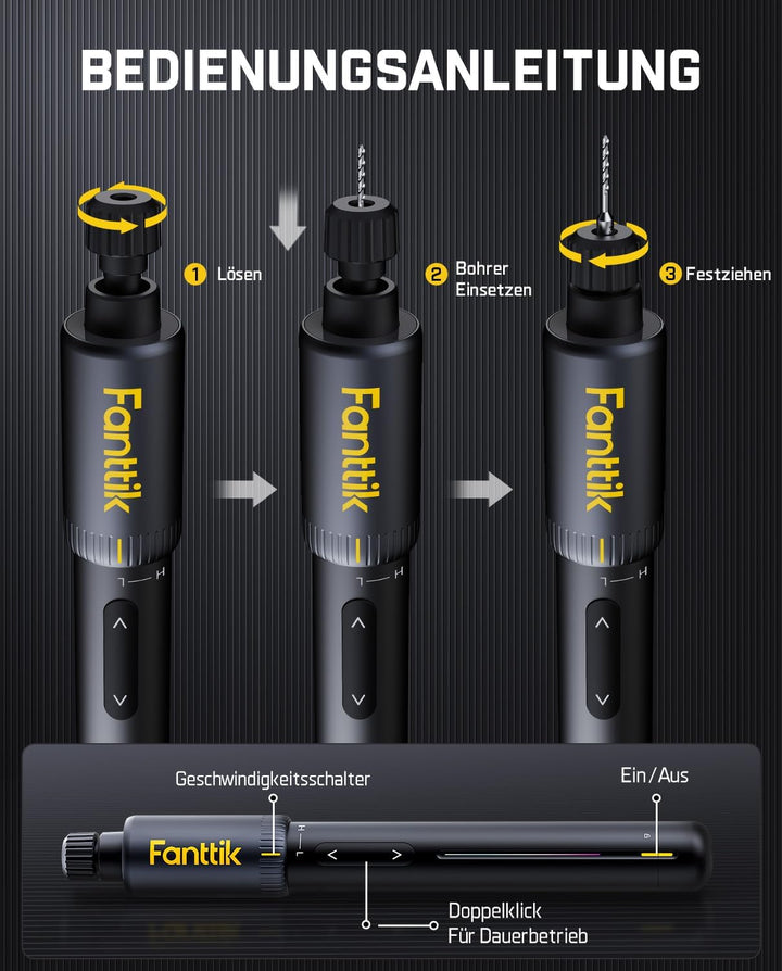 Fanttik K2 Nano 3,7 V Elektro-Mini-Bohrstift, Mini Bohrmaschine mit 20 Bohrern, 800-mAh-Akku, DIY Ha