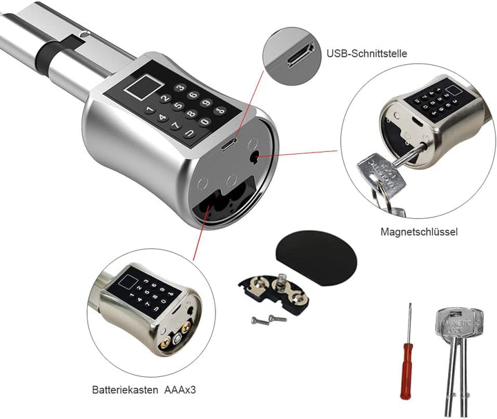 eLinkSmart Türschlosszylinder 75mm (37.5/37.5) mit Bluetooth App Fingerabdruck Passwort Schlüssel -
