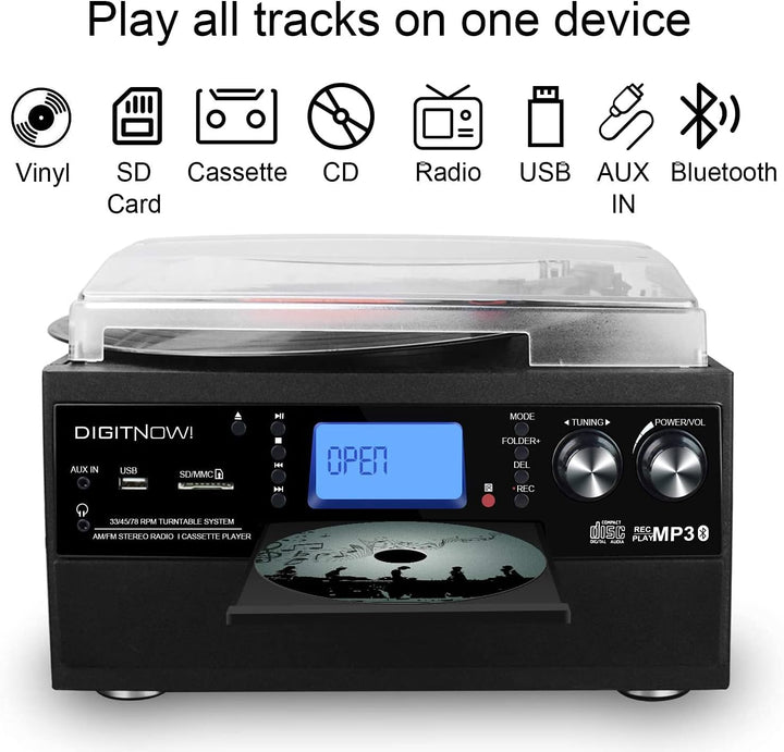 Bluetooth Plattenspieler mit Stereo Lautsprecher, LP Vinyl zu MP3 Konverter, 3 Geschwindigkeit Schal