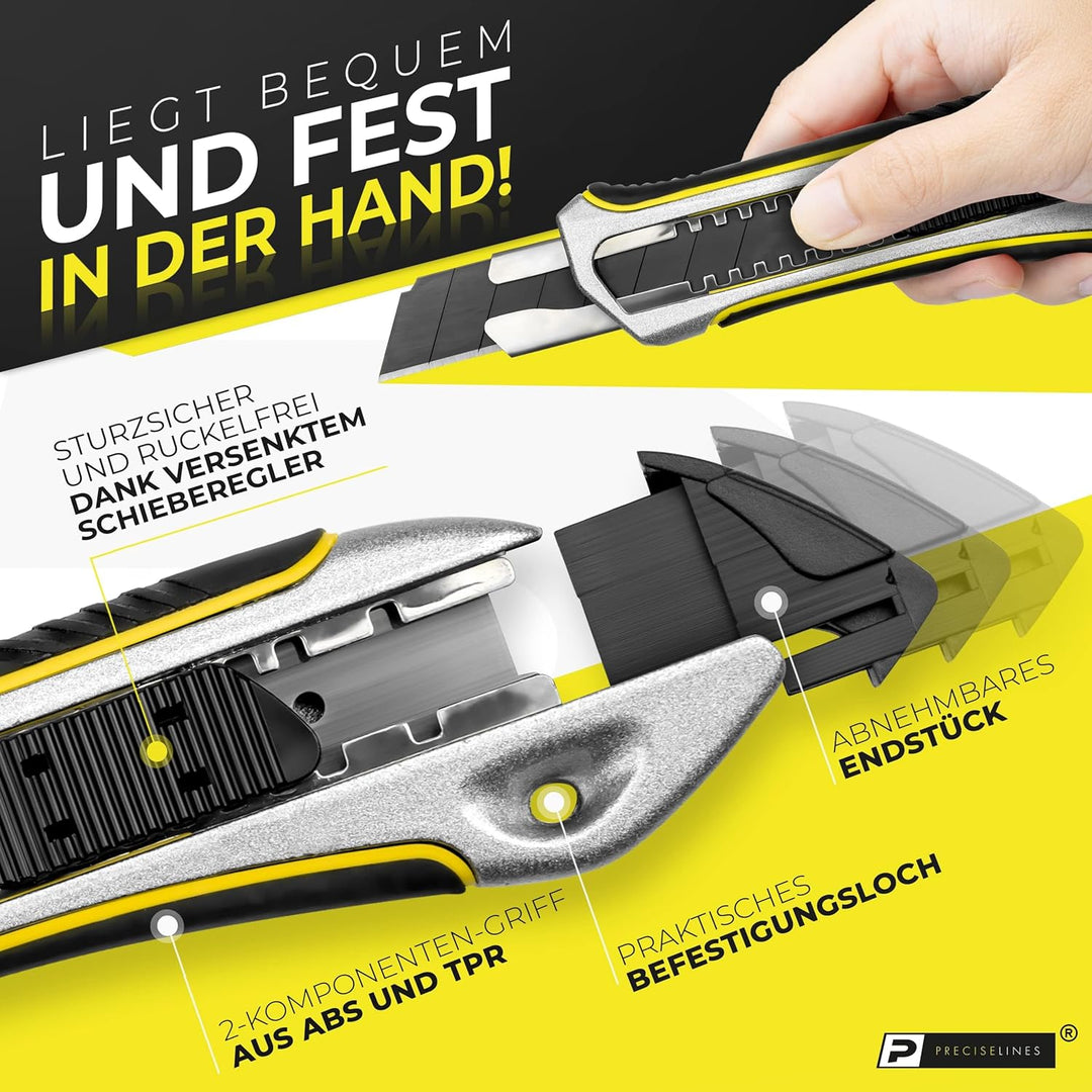 Precise Lines [3er Set] Profi Cuttermesser 18mm | Heavy-Duty-Gehäuse mit versenktem Schieberegler un