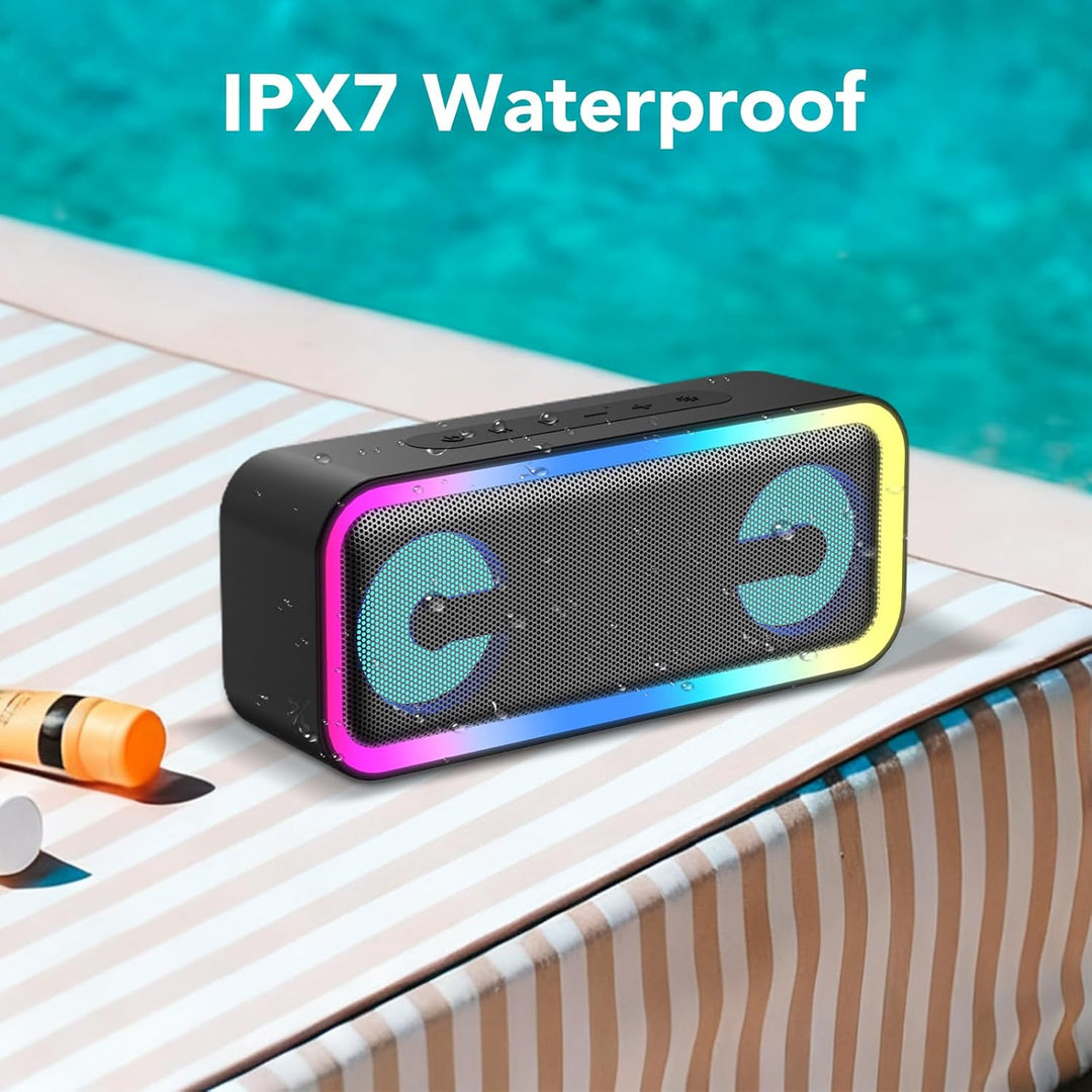 Bluetooth Lautsprecher mit Licht, Musikbox Bluetooth 5.4, 30W Stereo Bass Boost, IPX7 Wasserdicht, 7