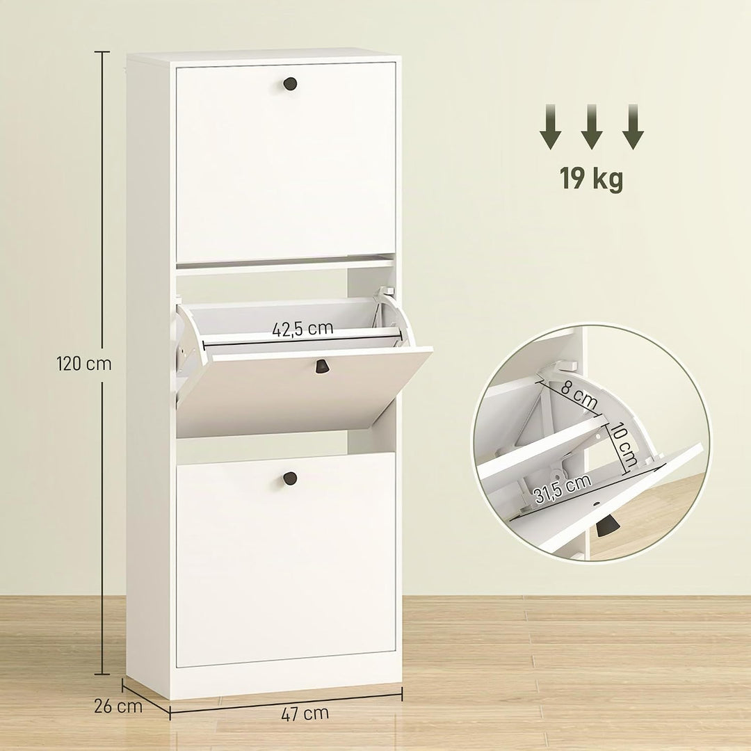 HOMCOM Schuhschrank mit 3 Klappen, Schuhregal mit Verstellbar Trennwand, Schuhkommode Schmal Schuhki