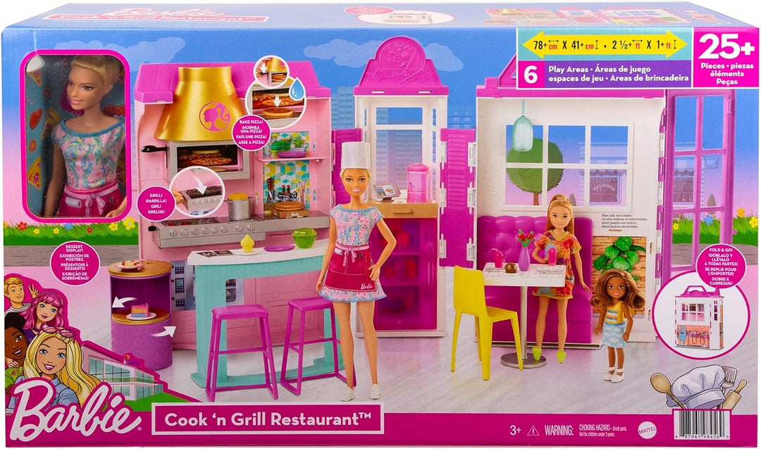 Barbie HBB91 - Cook'n Grill Restaurant Spielset, mit Köchin Puppe, Freundin und kleinem Mädchen, auf