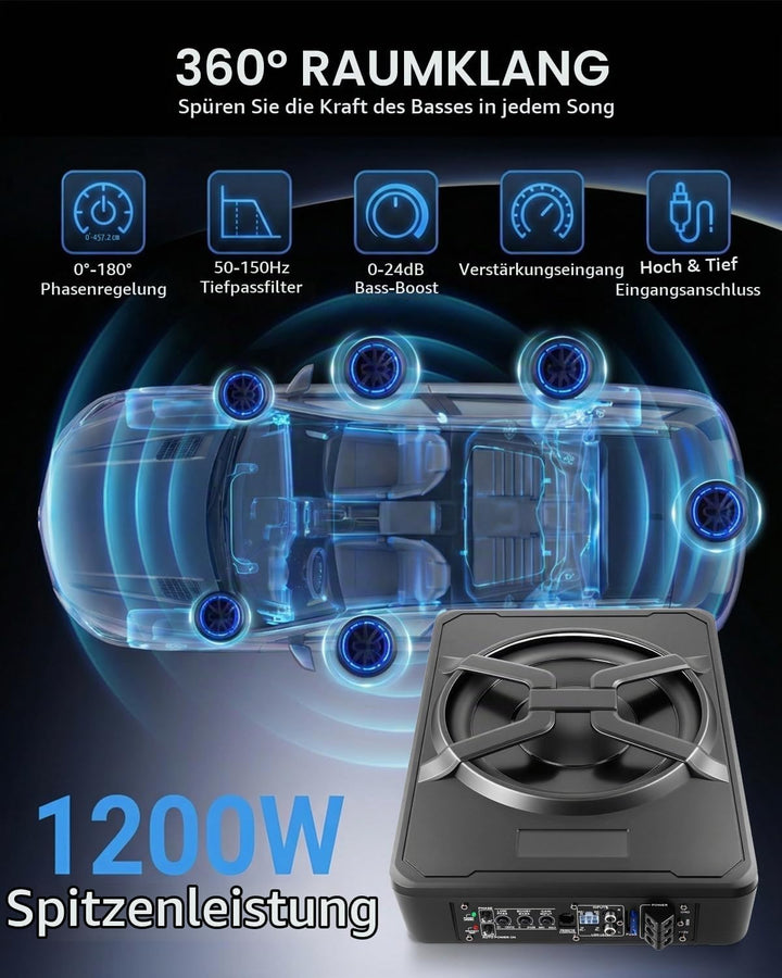 Aktiver Subwoofer für Auto, Passt unter Sitze, Maximale Leistung 1200 W, 10 Zoll, mit Umgebungsbeleu