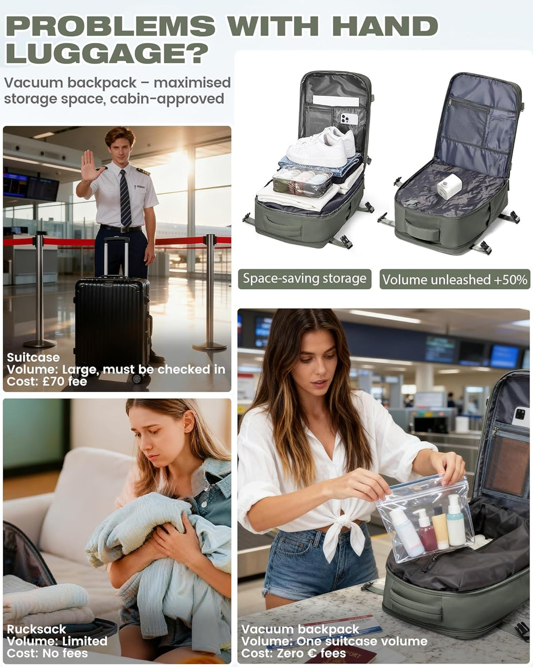 SZLX Grosser Reiserucksack Damen,Vakuum Rucksack mit Pumpe Ryanair Handgepäck 40x30x20 Herren, Wizza