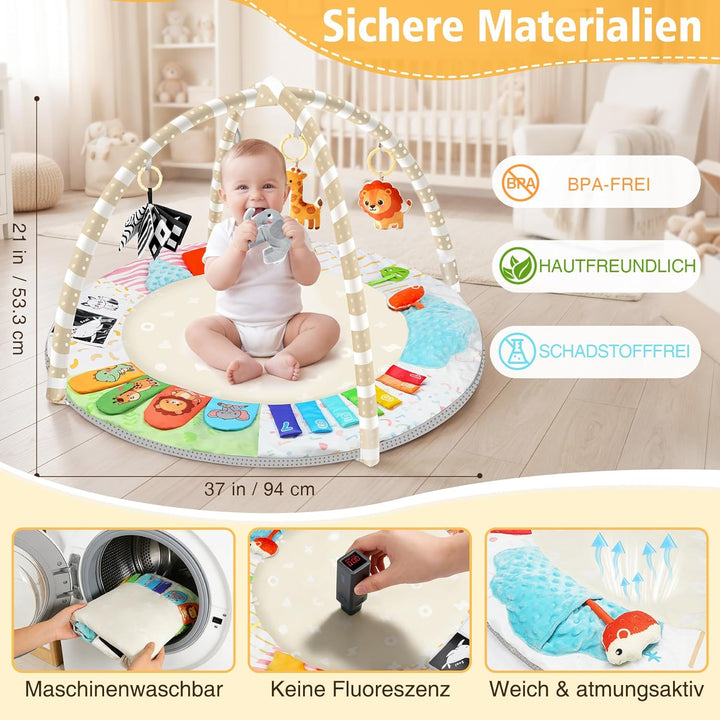 URMYWO Spielbogen Baby– Baby Krabbeldecke mit 5 abnehmbaren Spielzeugen zum Greifen - 6 Entwicklungs