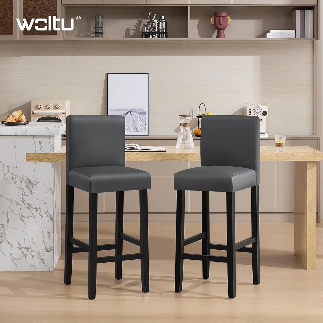 WOLTU Barhocker 2er Set, mit Lehne, Massivholz+Kunstleder, Grau | Barstuhl mit Fussstütze, Bistrostu