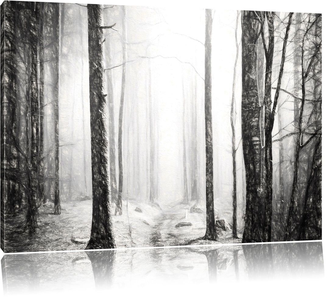 Pixxprint Mystischer Wald Kohle Zeichnung Effekt, Format: 100x70 auf Leinwand, 100x70