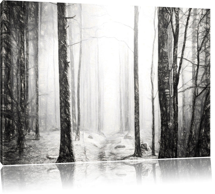 Pixxprint Mystischer Wald Kohle Zeichnung Effekt, Format: 100x70 auf Leinwand, 100x70