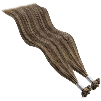 YoungSee Bonding Extensions Echthaar Braun 35cm Extensions Echthaar Bondings Dunkelbraun mit Blond K