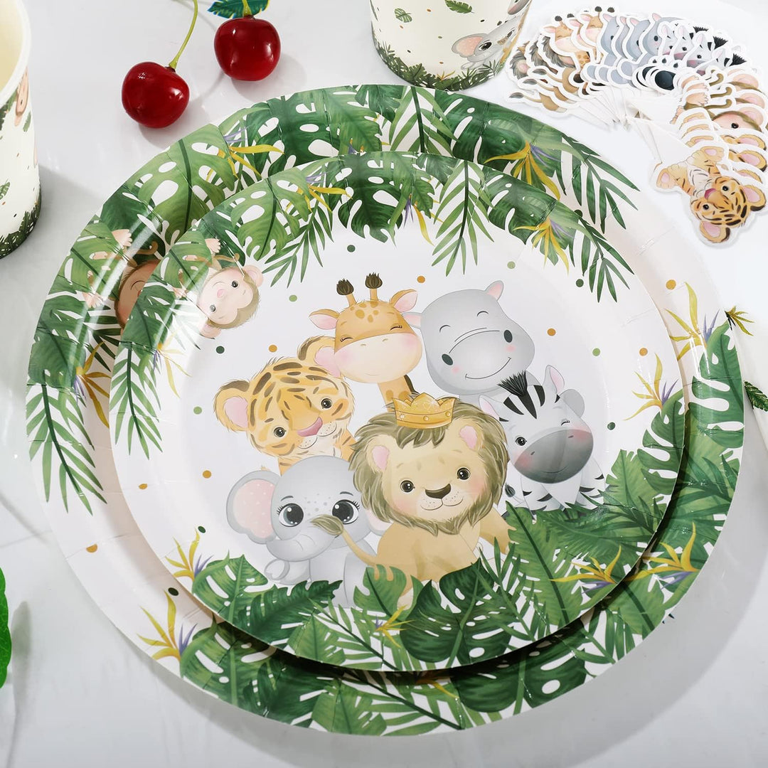 Dschungel Safari Partygeschirr Set,Junge Einweggeschirr Set 126 Stück Papier Teller Tassen Serviette