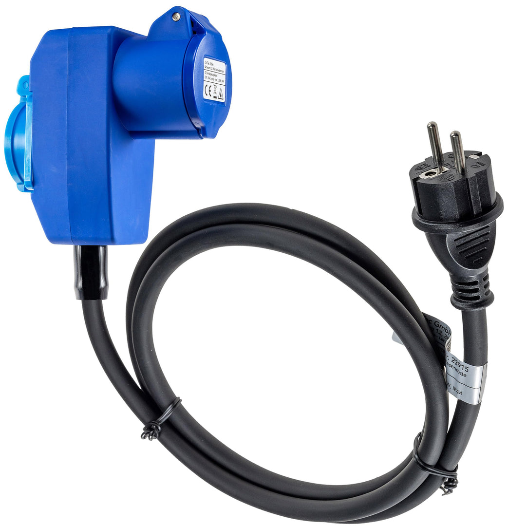 ChiliTec CEE Adapter mit Steckdose 90° CEE-Kupplung auf Schutzkontakt-Stecker 230V 16A 1,5m Kabel H0