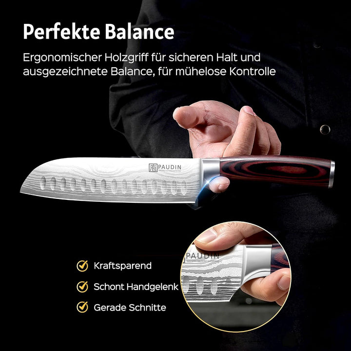 PAUDIN Santokumesser, Klingenlänge17cm Kochmesser aus deutschem Messerstahl, Sushi Messer Küchenmess