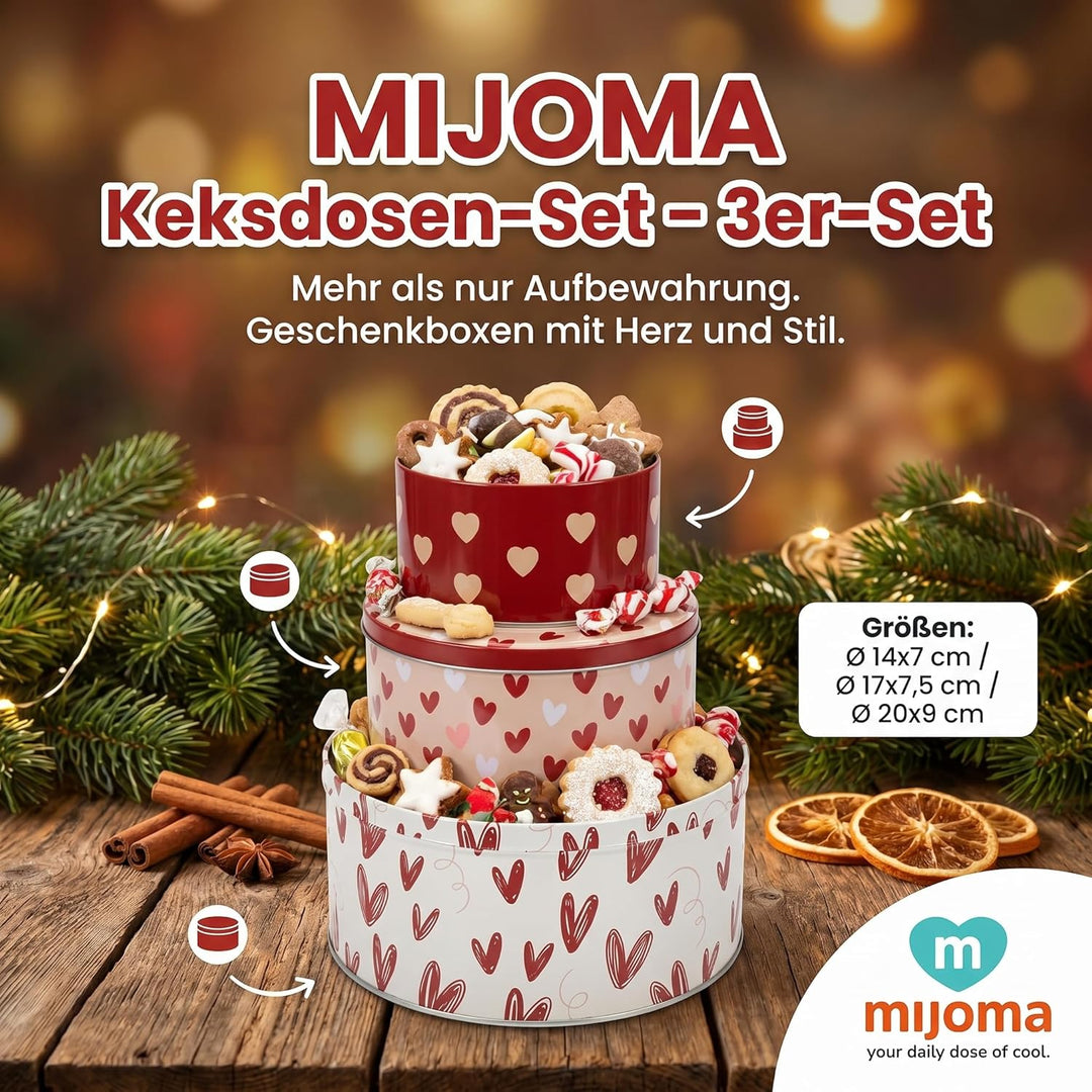 MIJOMA Keksdosen-Set – 3er-Set Metalldosen mit Deckel – runde Dosen mit Motiv – stapelbar & dekorati