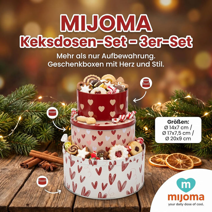 MIJOMA Keksdosen-Set – 3er-Set Metalldosen mit Deckel – runde Dosen mit Motiv – stapelbar & dekorati