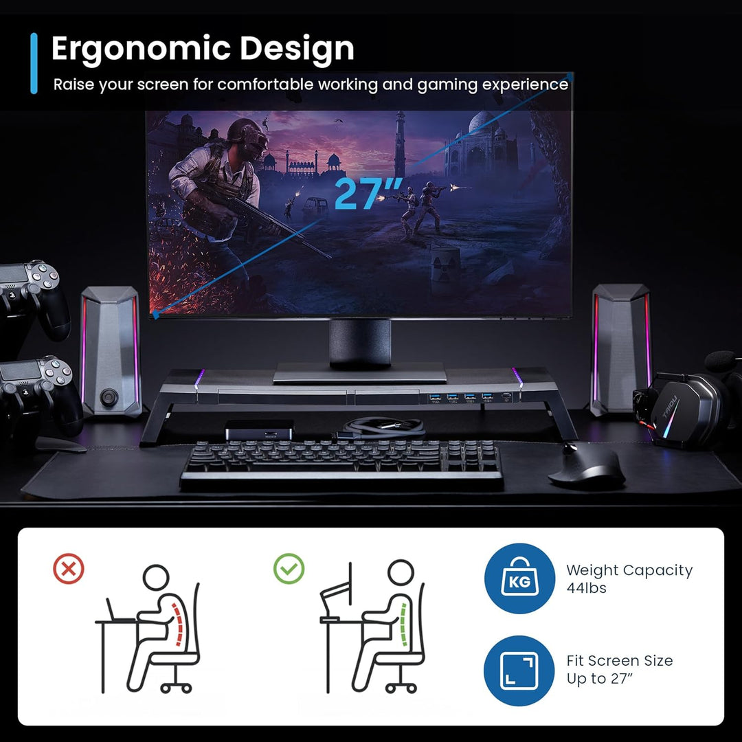 Ewent Monitorständer, RGB Monitor Riser, Klappbar, Smartphone- und Tablet-Halterung mit Ablagefach u
