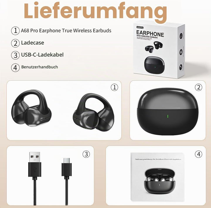 Open Ear Kopfhörer, Bluetooth Earbuds, Clip on Design mit 4 Noise Cancelling Mikrofone, 40h Std, Blu