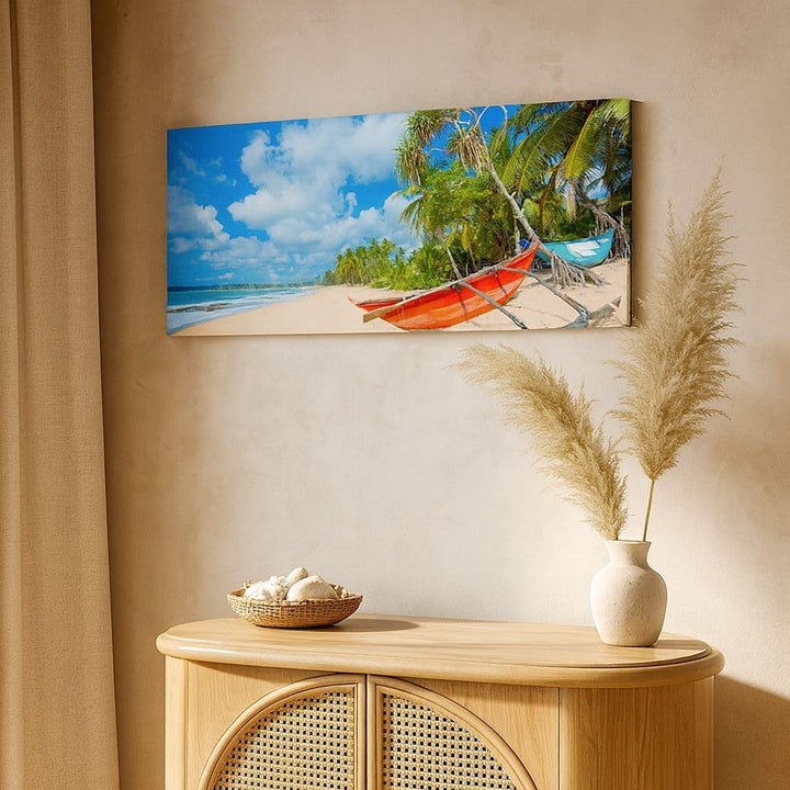 Wandbilder Dekoration Wohnzimmer Golf Ozean Palme Boot Panorama Bilder auf Leinwand 120x50cm Leinwan