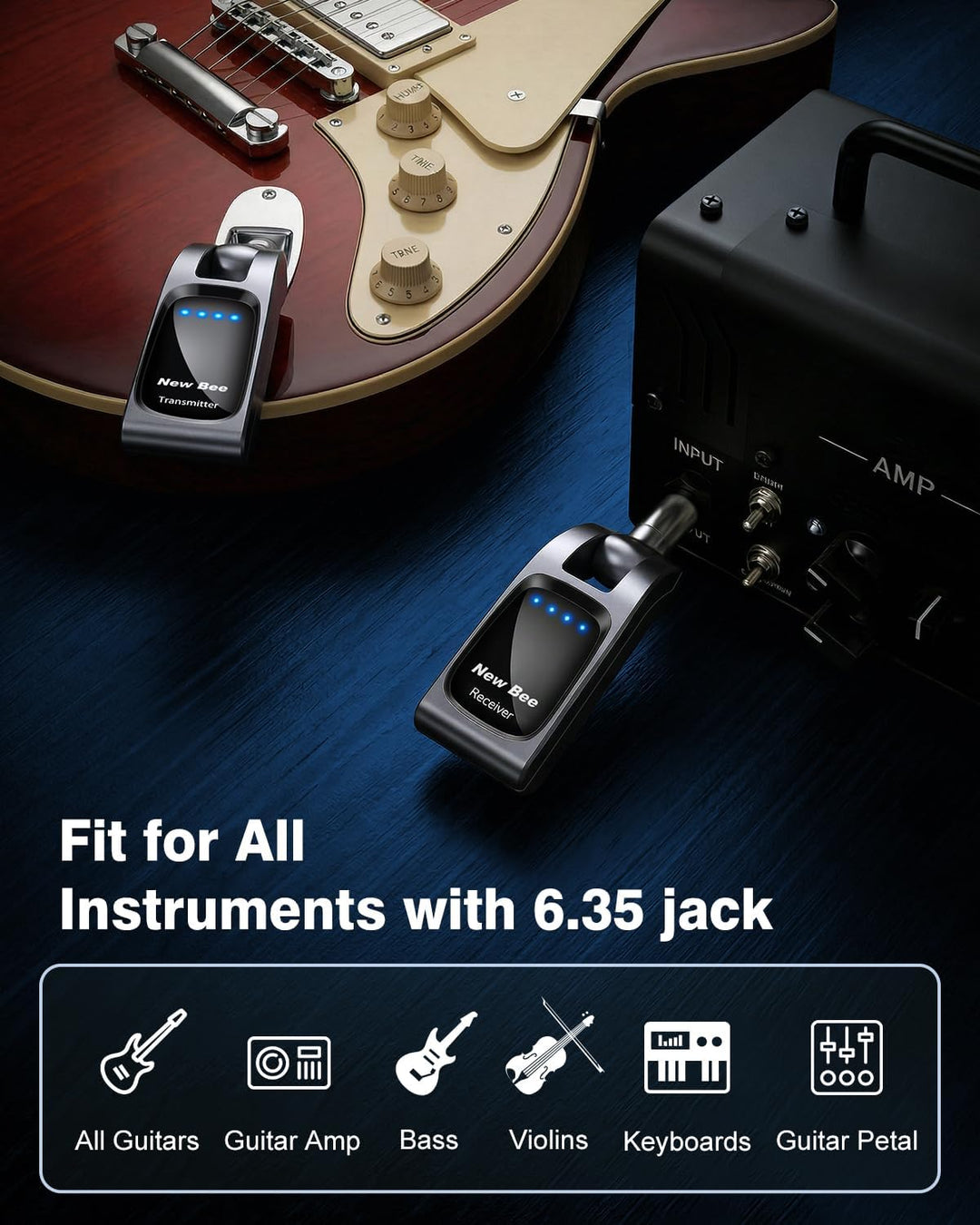 Kabelloses Gitarrensystem, 2,4 GHz mit 6 Kanälen, wiederaufladbar, Audio, kabellos, Bass-Sender, Emp