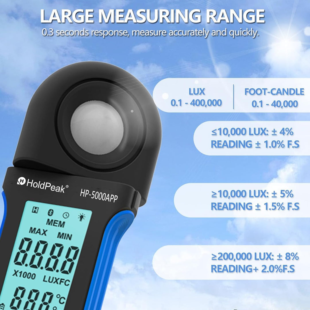 Digitales Luxmeter, Tester für Messung von Luminosit 400.000 Lux 5000 App, Lichtmessgeräte, tragbare