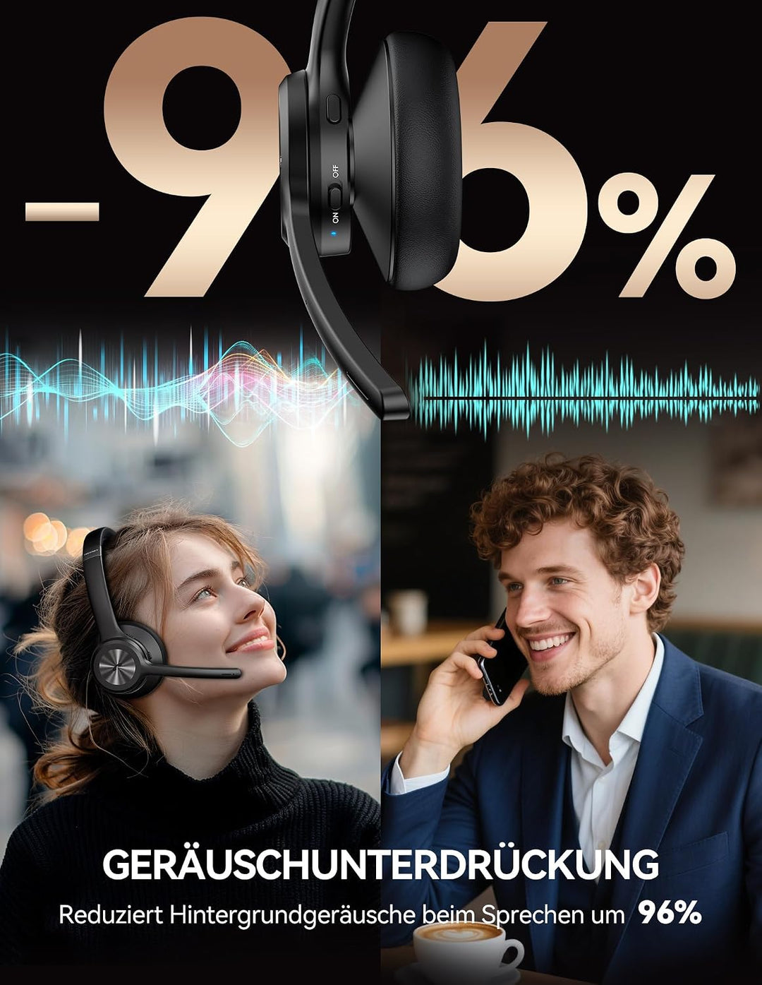 TECKNET Bluetooth Headset mit Mikrofon, Kabelloses Headset mit BT6.0 Technologie, Kopfhörer Kabellos