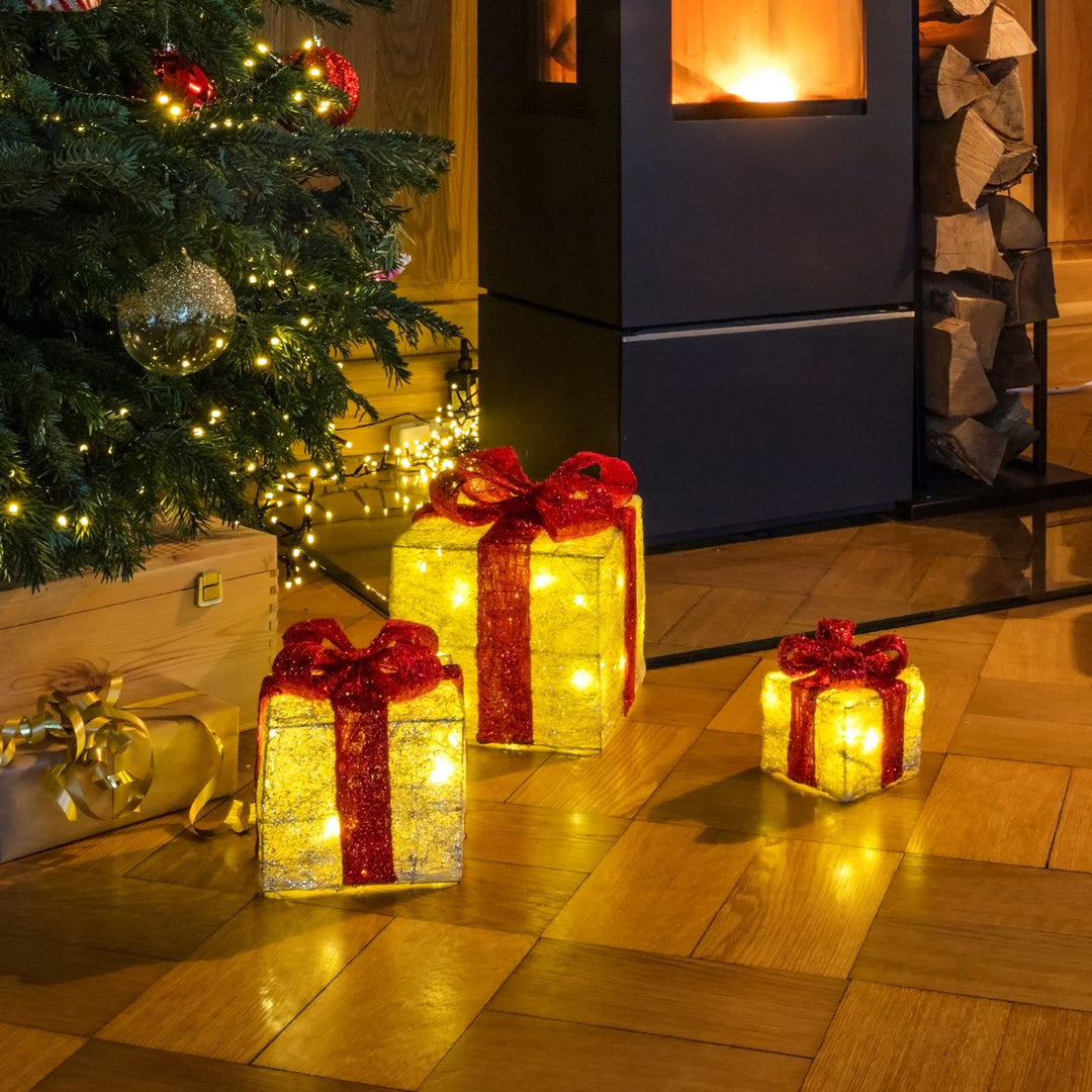 LED Geschenkboxen mit Timer 3er Set - ROT - Weihnachts Dekoboxen warm weiss beleuchtet - Weihnachten