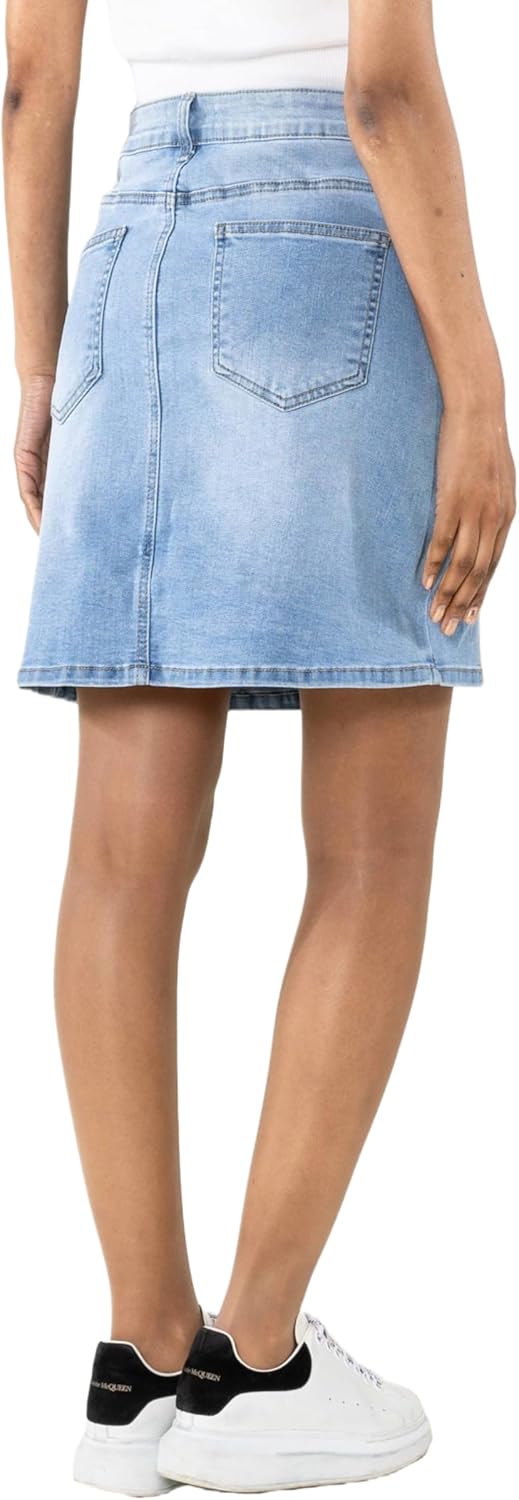 Nina Carter P213 Damen Kurzer Jeansrock mit Vorderem Schlitz Reissverschluss Stretch Used-Look Hellb