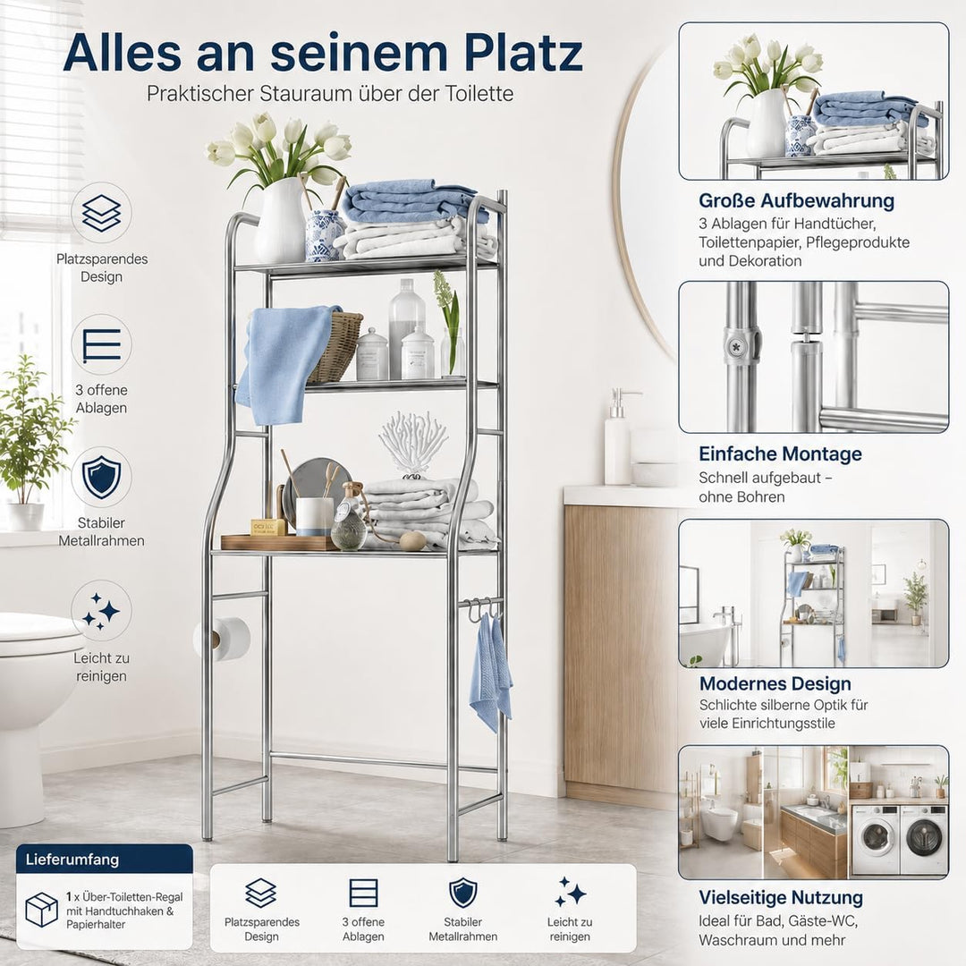 Garvee Toiletten-Regal, 3-stöckiges Badezimmerregal, mit verstellbaren Einlegeböden und Aufbewahrung