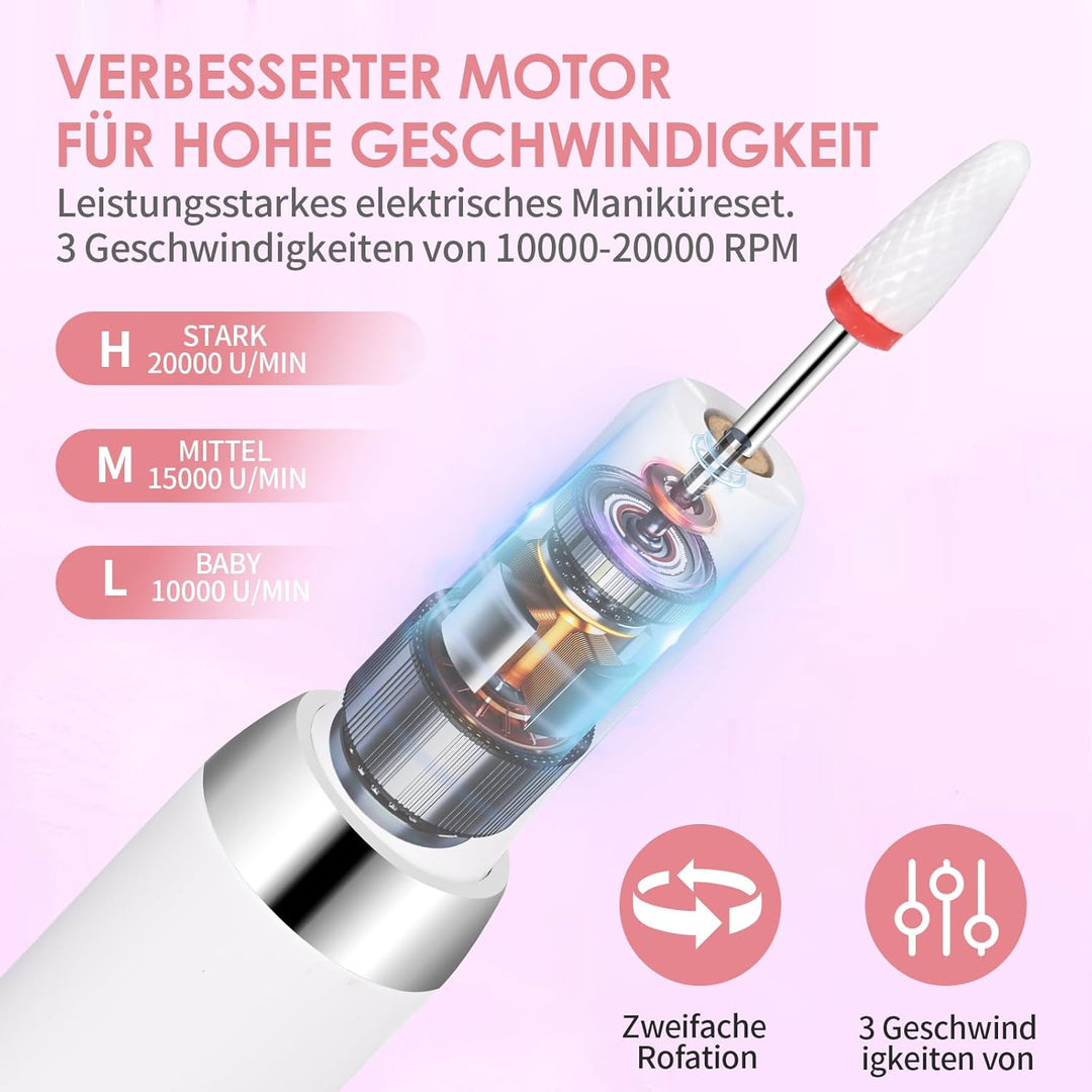 Kabellos Tragbar Nagelfräser 12 in 1 Profi Maniküre Pediküreset, Elektrische Nagelfeile 18000 u/Min