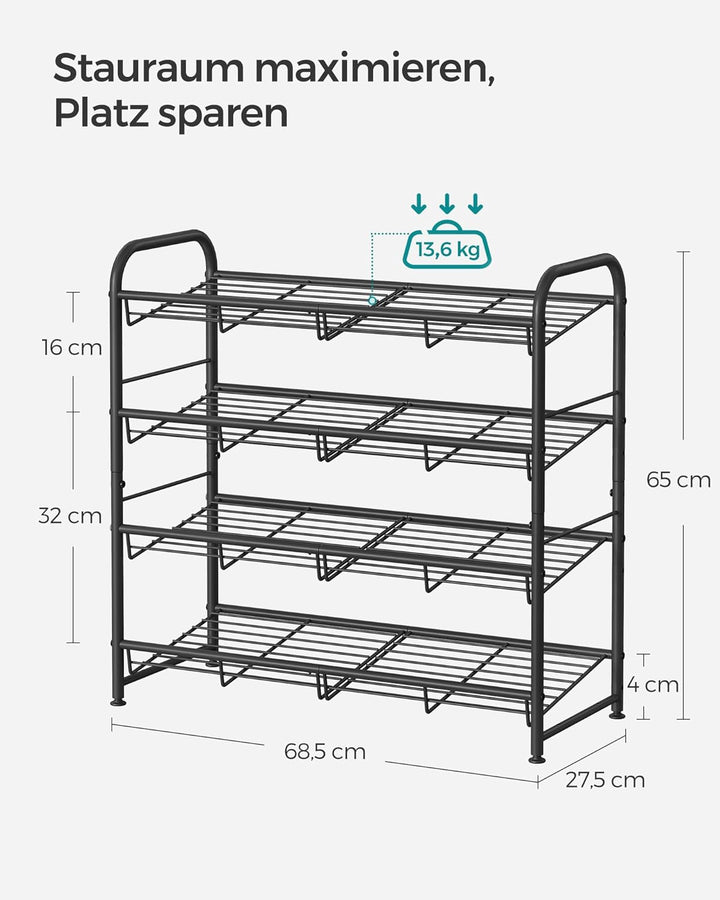 SONGMICS Schuhregal mit 4 Ablagen, stapelbarer Schuh-Organizer, für bis zu 16 Paar Schuhe, aus Stahl
