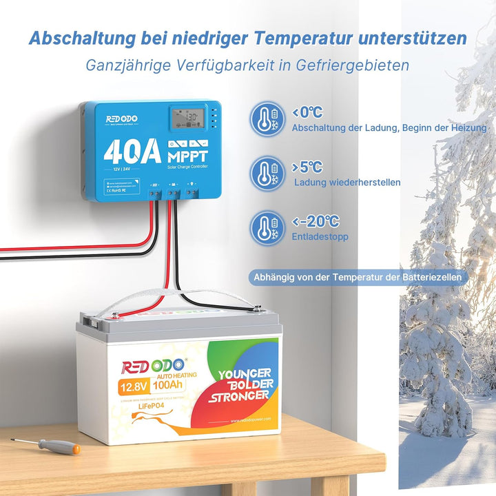 Redodo 2024 Verbesserte selbstheizende 12V 100Ah LiFePO4-Batterie, integriertes 100A BMS mit Heizung