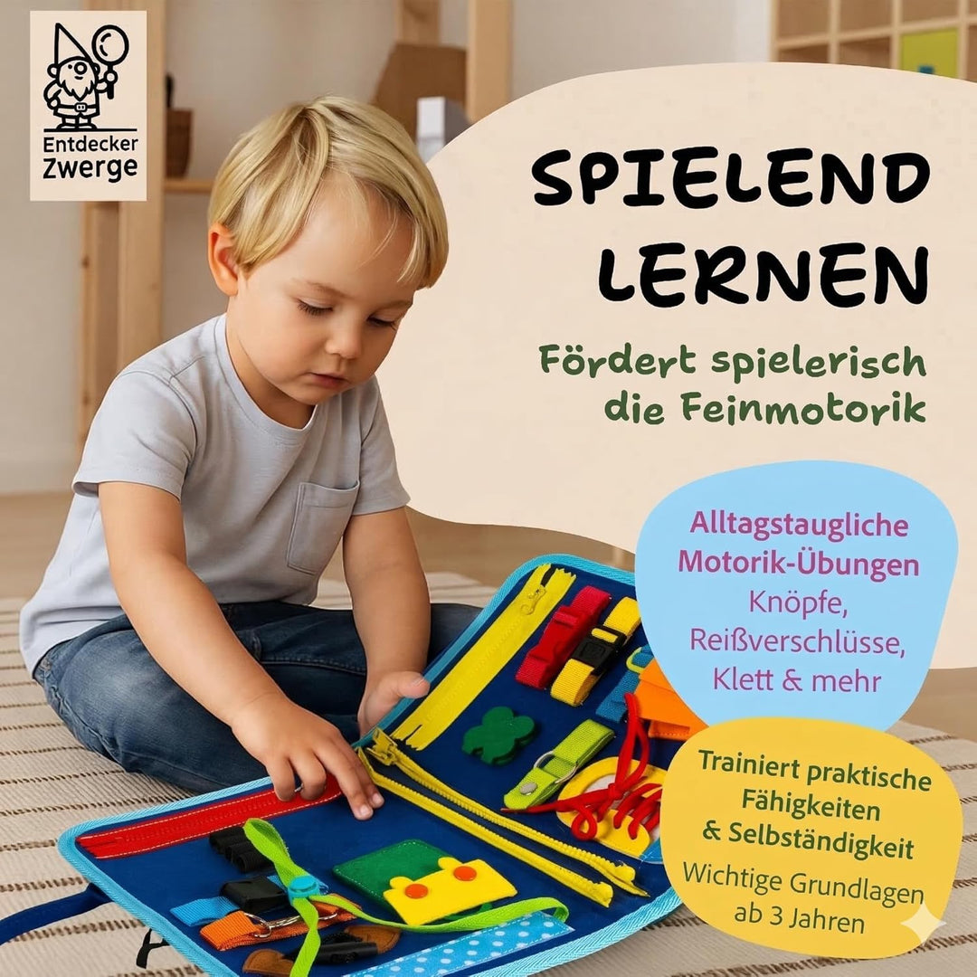 Busy Board ab 3 Jahre - Lernspielzeug mit Deutschen Inhalten - 25 Aktivitäten auf 10 Seiten - Motori