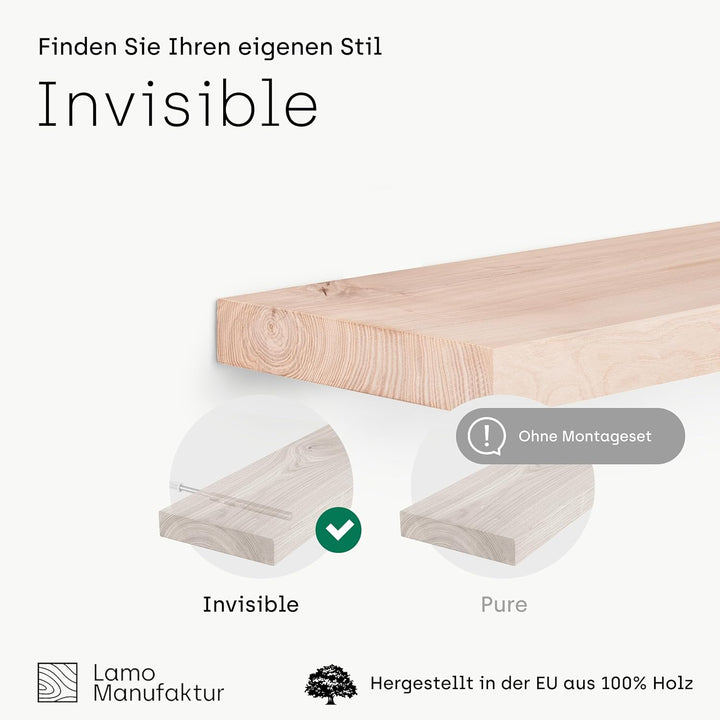 LAMO Manufaktur Wandregal Holz Gerade | Regal Farbe: Roh | Invisible: Schweberegal | 50 cm Invisible