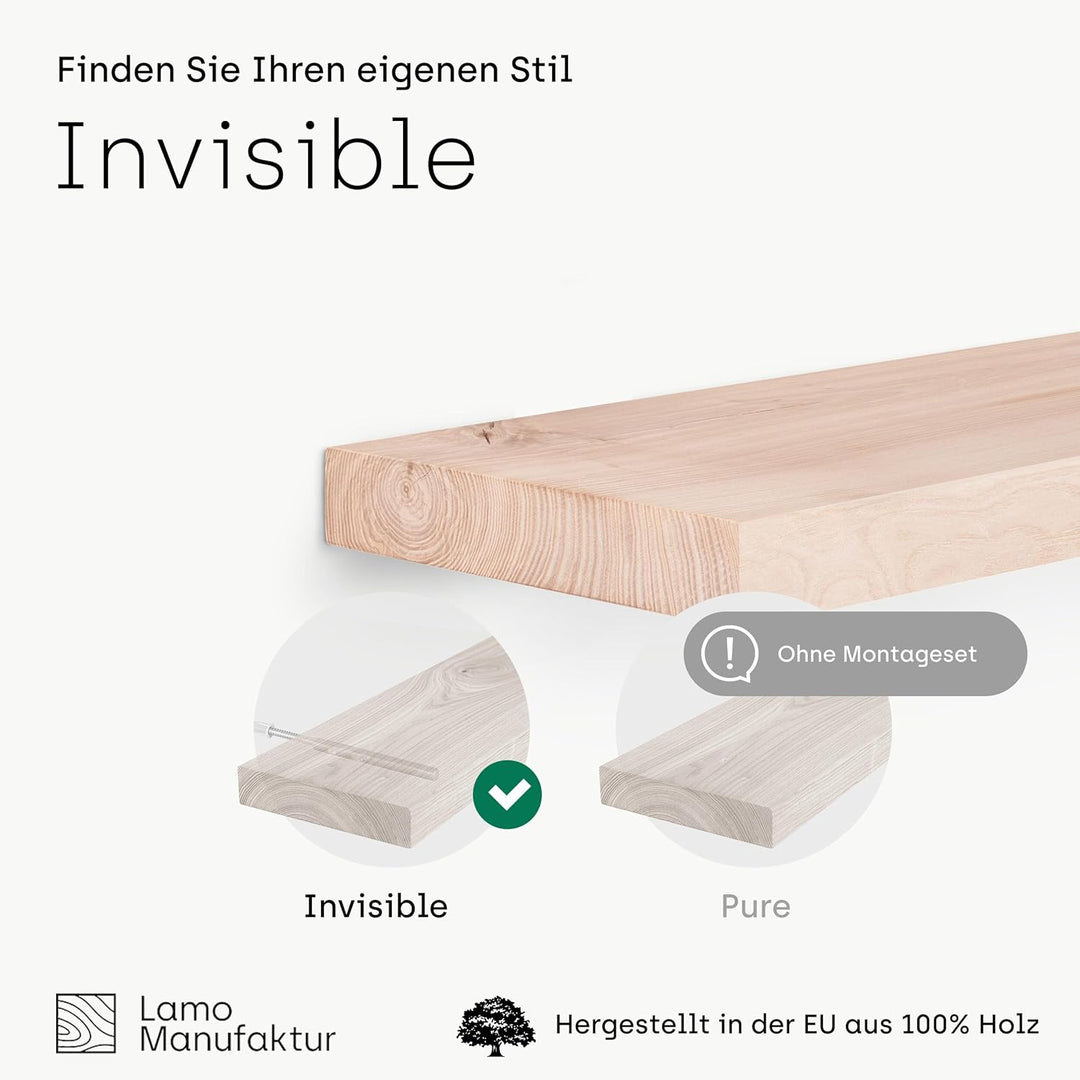 LAMO Manufaktur Wandregal Holz Gerade | Regal Farbe: Roh | Invisible: Schweberegal | 90 cm Invisible