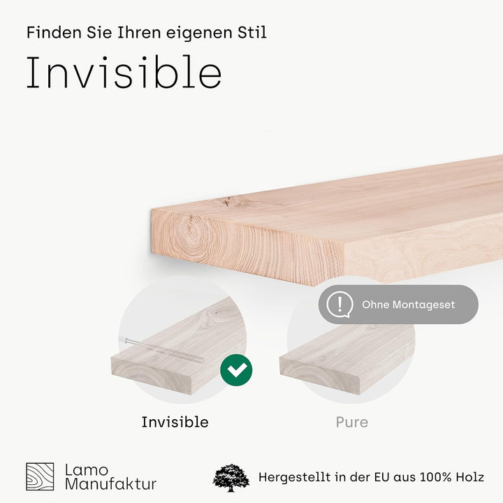 LAMO Manufaktur Wandregal Holz Gerade | Regal Farbe: Roh | Invisible: Schweberegal | 90 cm Invisible